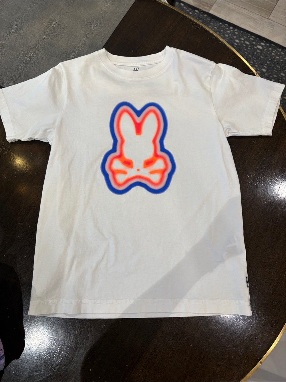 Psycho Bunny White Tee with Blue and Orange Bunny Graphic
